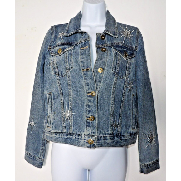 Pistola Small Denim Jean Jacket Firework Sequins Starburst 90s Y2K Art to Wear - Picture 1 of 16